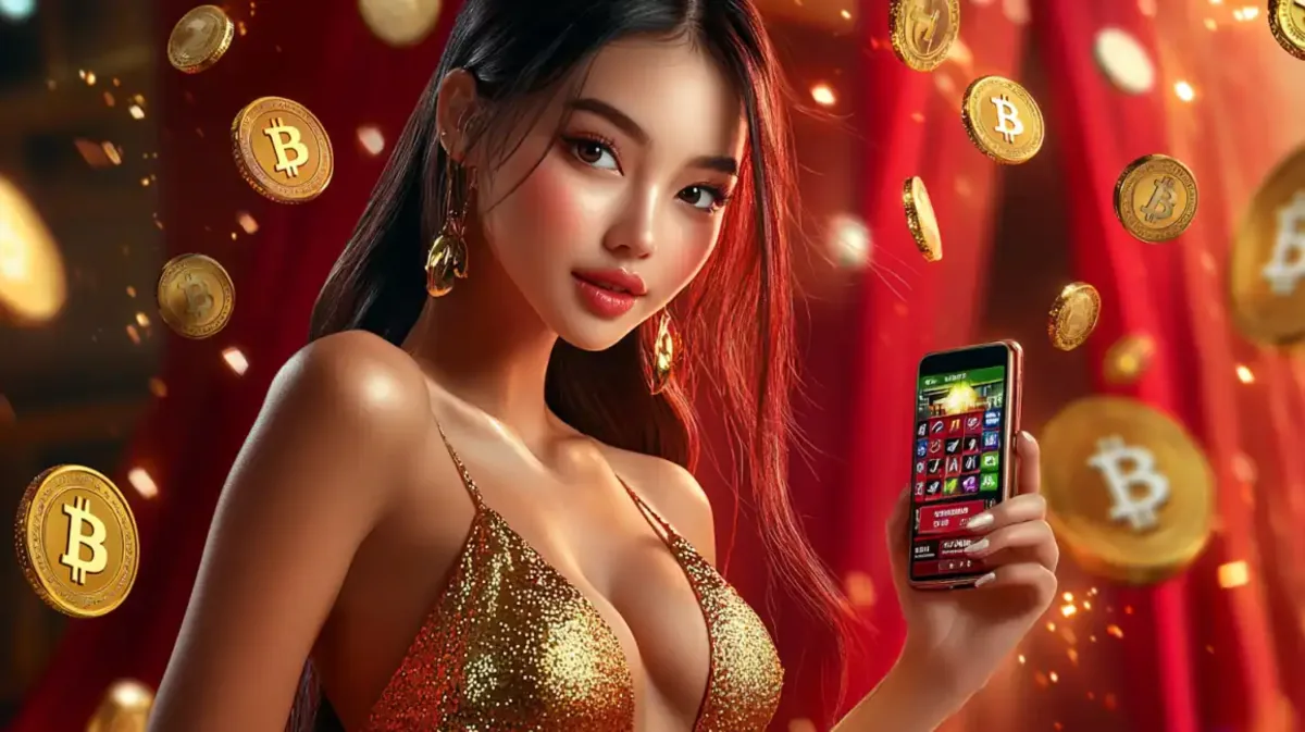 An elegant Asian woman in a sparkling gold dress holds a smartphone while golden Bitcoin coins rain down, promoting the crypto casino games at eg333.