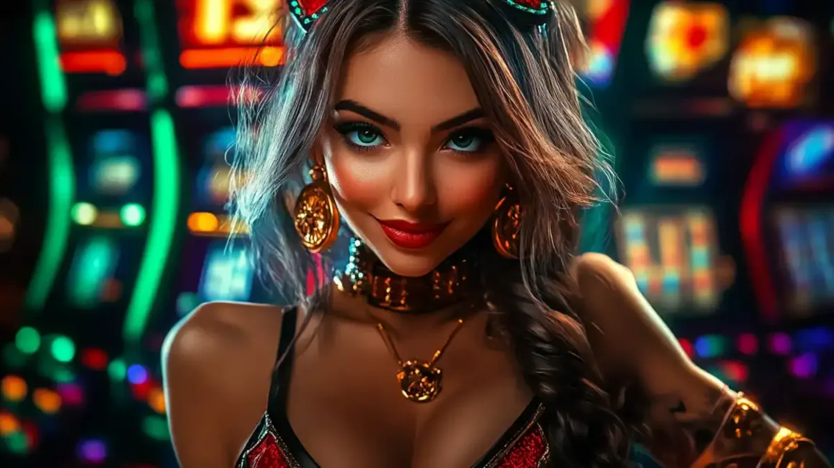 A glamorous woman with intricate makeup and jewelry smiles alluringly in a vibrant eg333 casino, with the colorful lights of slot machines blurred in the background.