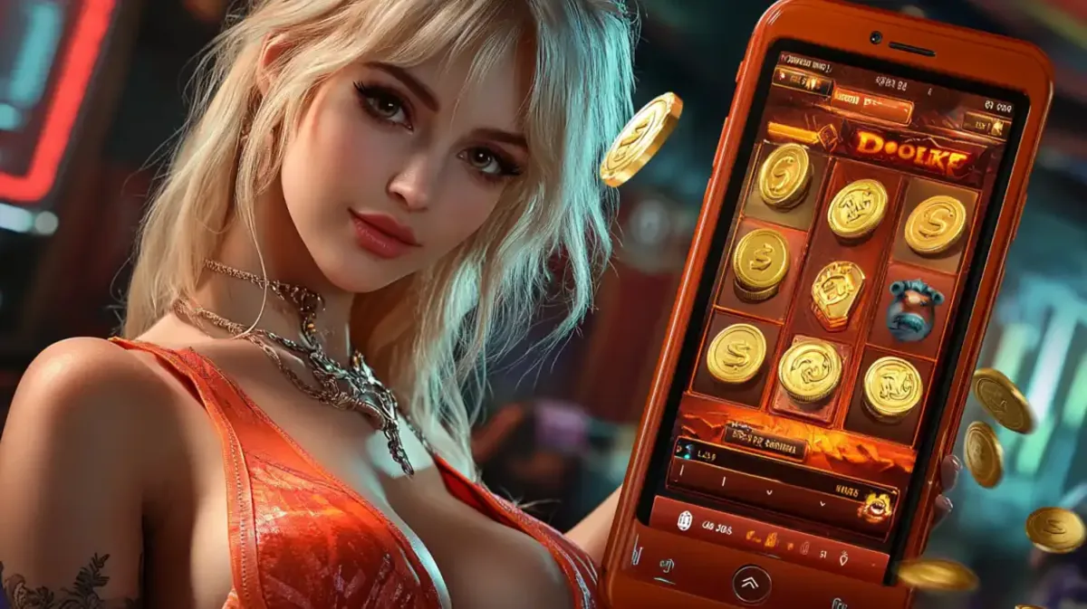 A lovely blonde woman in an orange top holds a smartphone with a golden coin-themed slot game from eg333, with digital coins floating around her.