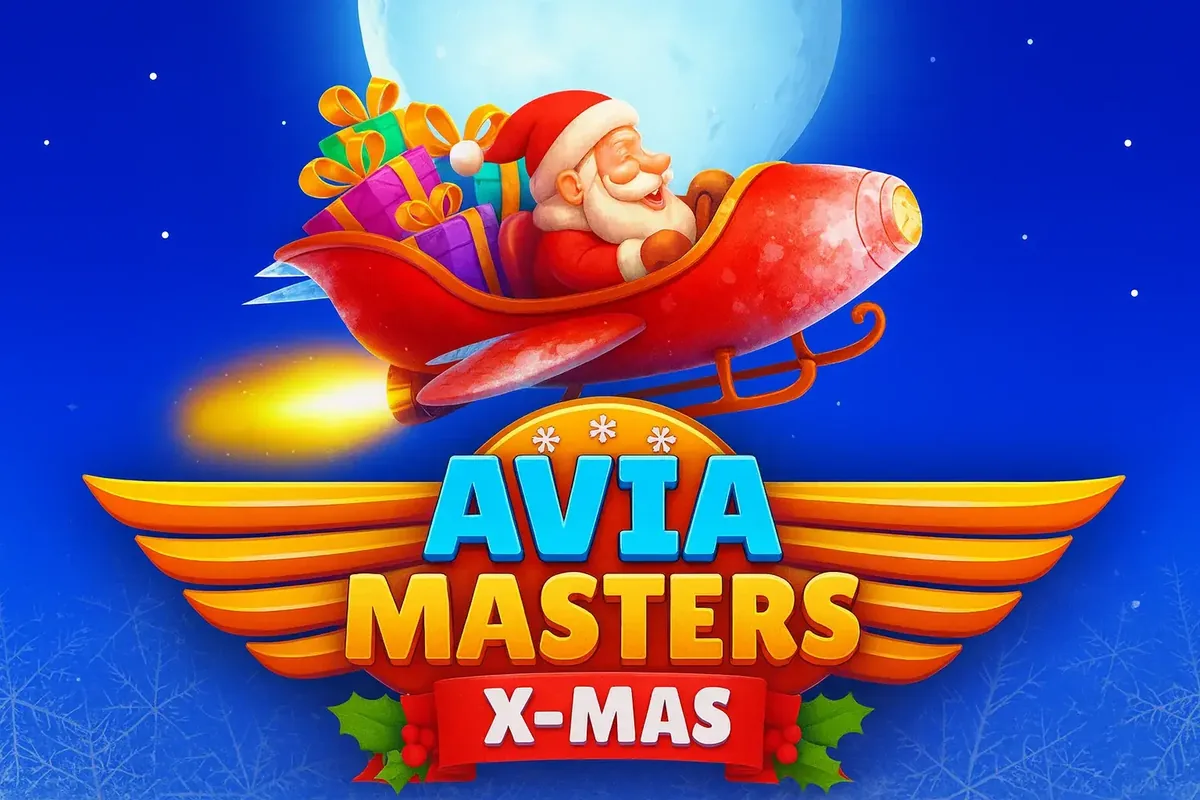 Santa Claus flying in a red rocket sleigh with gift boxes against a night sky and moon, Avia Masters X-Mas special edition