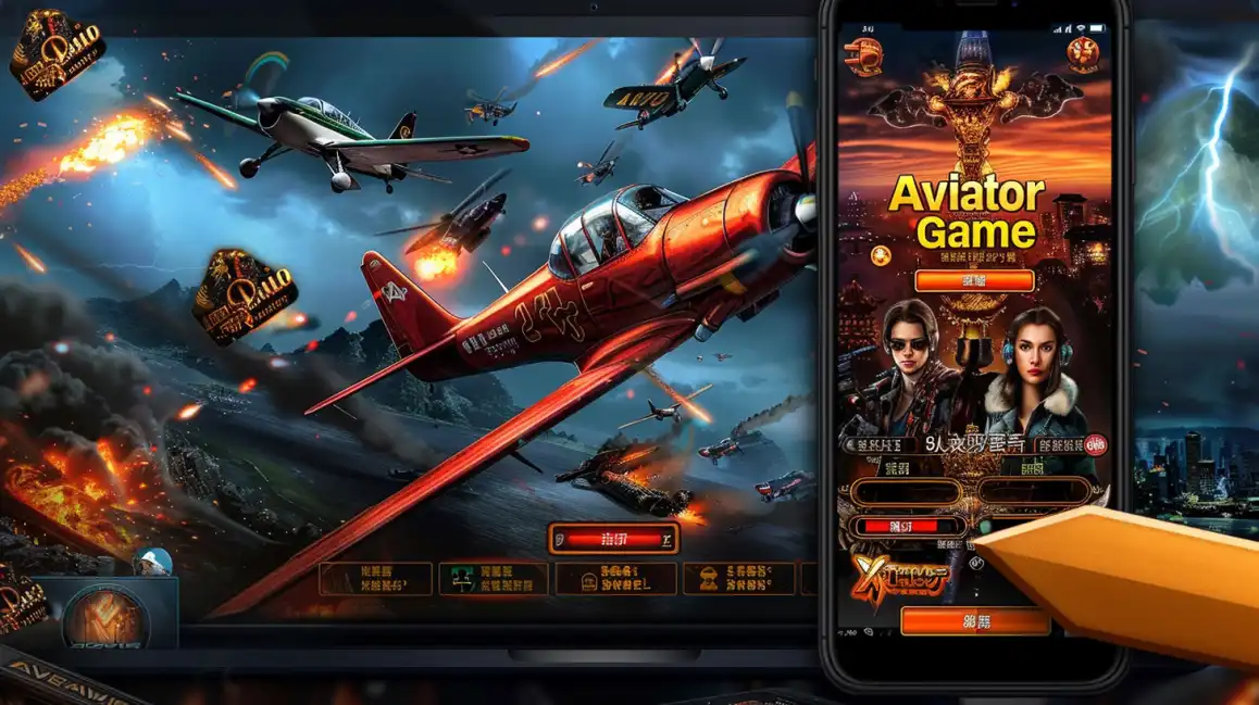 Promotional image for the Aviator Game on eg333, showing a red propeller plane flying over an explosive landscape, with the mobile game interface on the right.