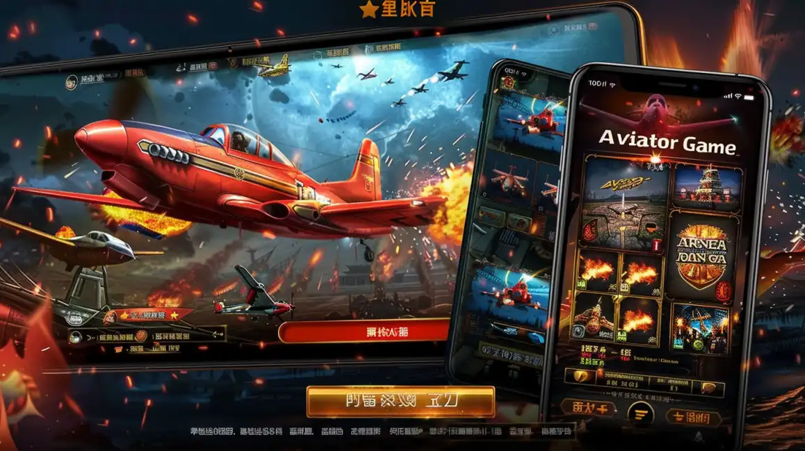 A red vintage airplane flying through a fiery sky, with several views of the Aviator Game mobile interface from eg333 shown on angled smartphones.