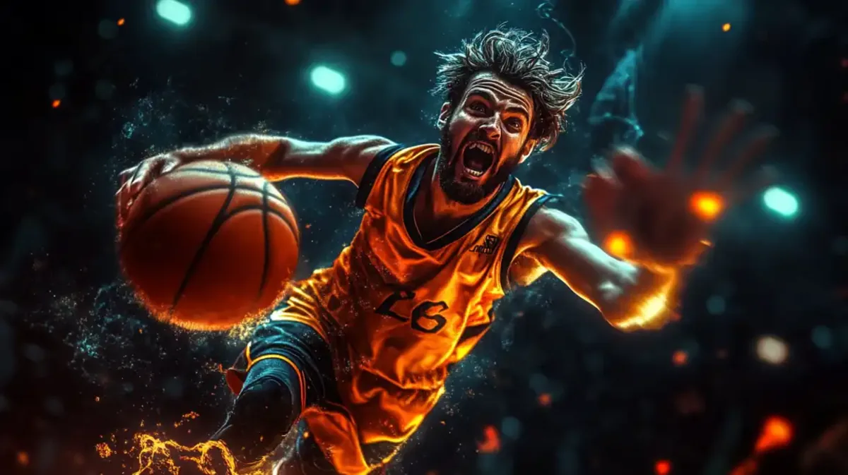 A dynamic image of a basketball player dribbling with intense energy, surrounded by fiery particle effects, promoting sports betting on the eg333 platform.
