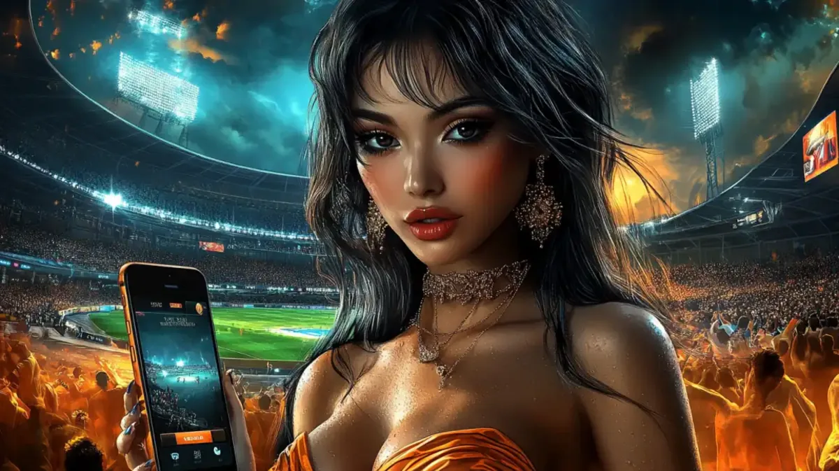 An elegant woman looks on from a crowded stadium while holding a smartphone with the eg333 sports betting app open, ready to place a bet.