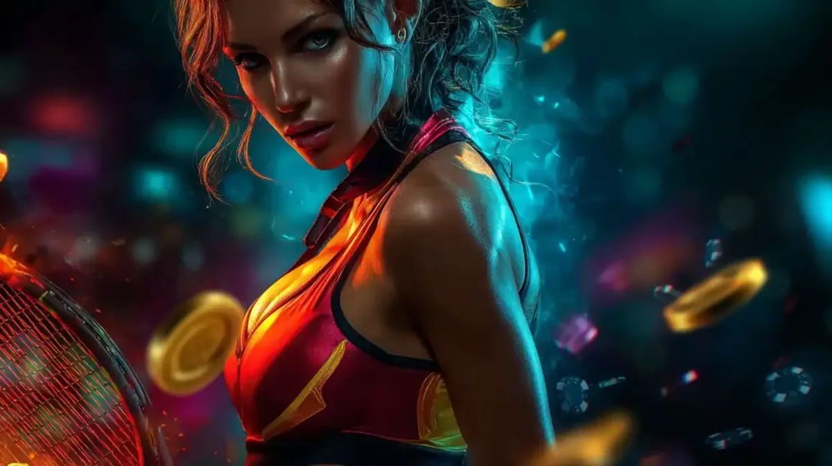 A focused female tennis player ready to hit the ball, with glowing lights and floating casino chips in the background, promoting tennis betting at eg333.