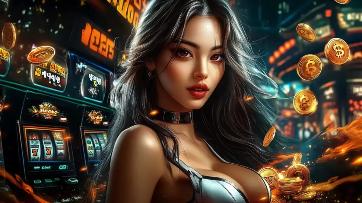 A beautiful woman with long dark hair stands in a classic eg333 casino, surrounded by glowing slot machines and floating gold coins.