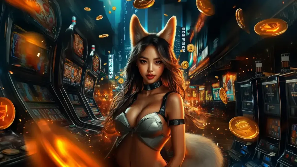A captivating woman with fox ears and a fluffy tail in a futuristic outfit poses in a high-tech casino hall, representing a fantasy-themed game at eg333.