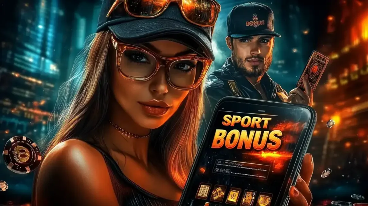 A stylish couple in front of a sports-themed background, with the woman holding a phone displaying a Sport Bonus offer from the eg333 platform.