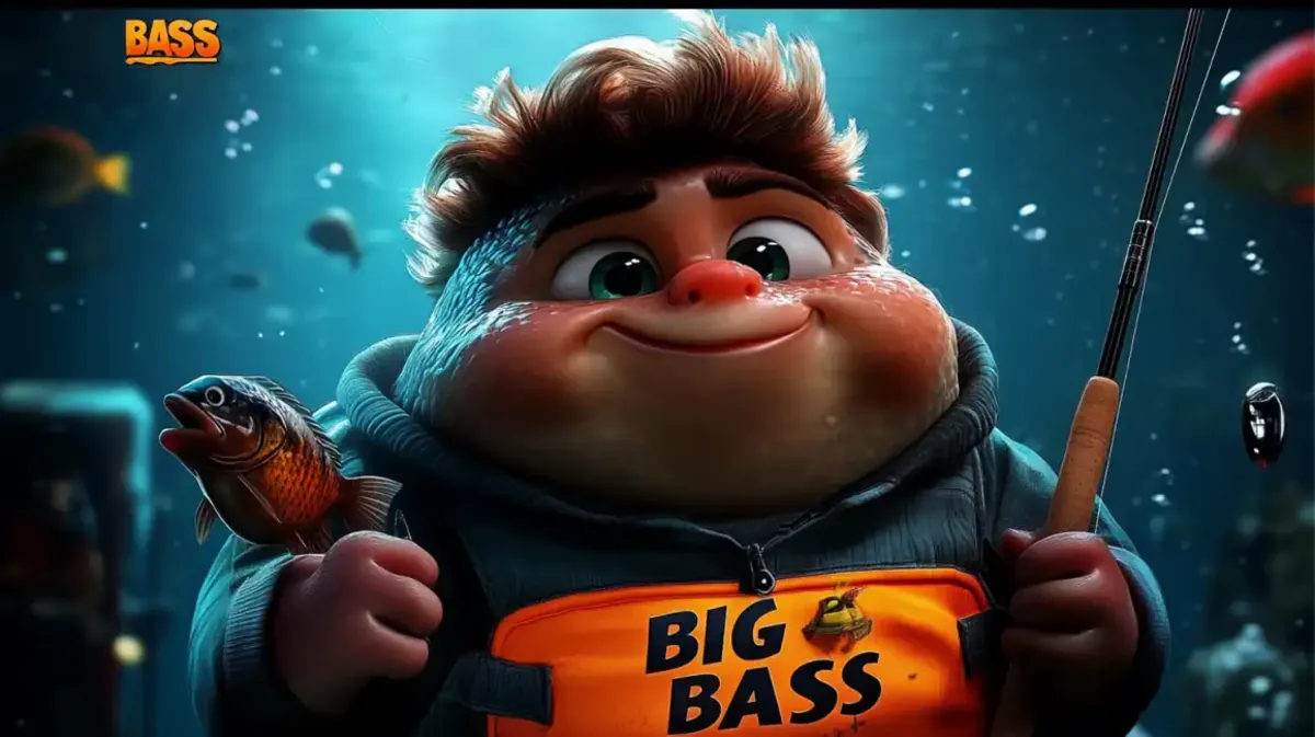 The cartoon character from the Big Bass fishing-themed slot game, available on eg333, proudly holds a fish and a fishing rod underwater.