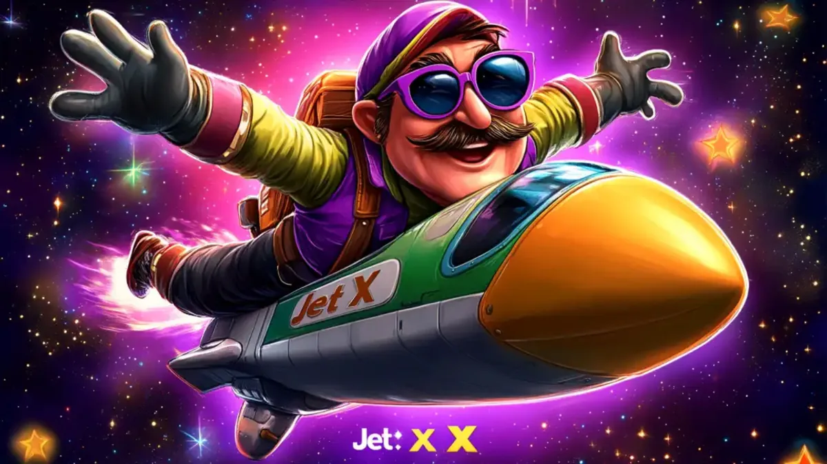 A stylized character with a mustache and sunglasses rides a rocket through a galaxy of stars, promoting the popular JetX crash game on the eg333 platform.