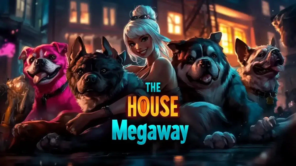 Promotional art for The House Megaway slot game on eg333, featuring a woman with white hair surrounded by several large, tough-looking dogs in a city at night.