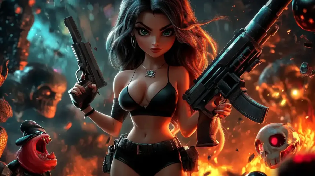An animated action-heroine in a black bikini holds two powerful guns amidst a fiery battlefield with skulls, representing the intense shooter games on eg333.