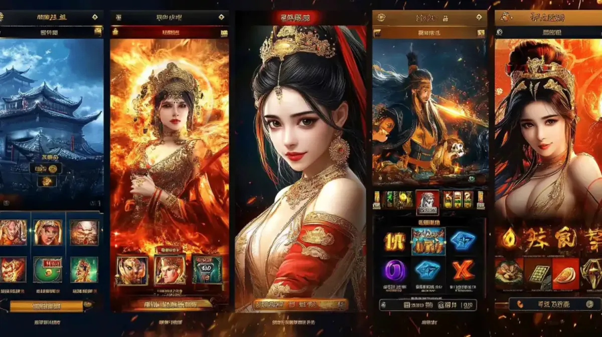 A collage of Asian-themed slot games from eg333, featuring beautiful empresses in ornate traditional clothing against backdrops of ancient temples and flames.