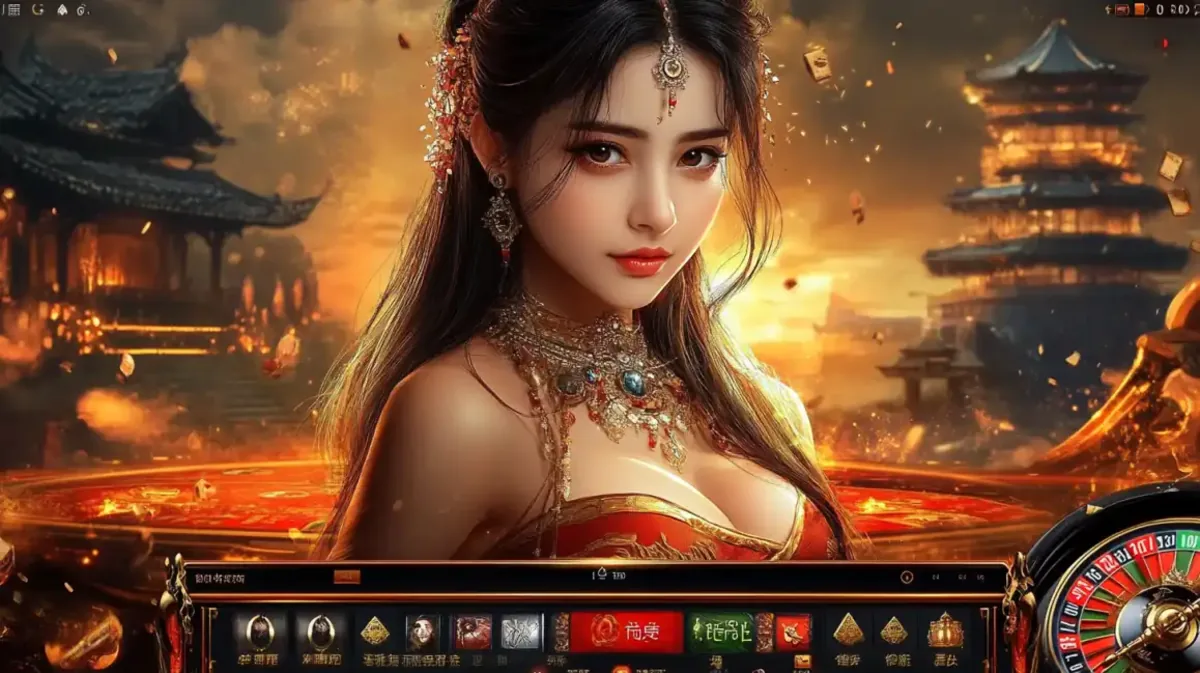 An incredibly beautiful Asian woman in traditional attire and elaborate jewelry in front of a tranquil temple, with the eg333 roulette wheel in the foreground.