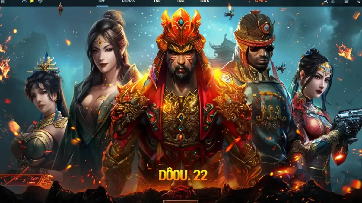 A group of powerful Asian warriors from a fantasy game on the eg333 platform, led by a king in ornate red and gold armor, ready for battle.