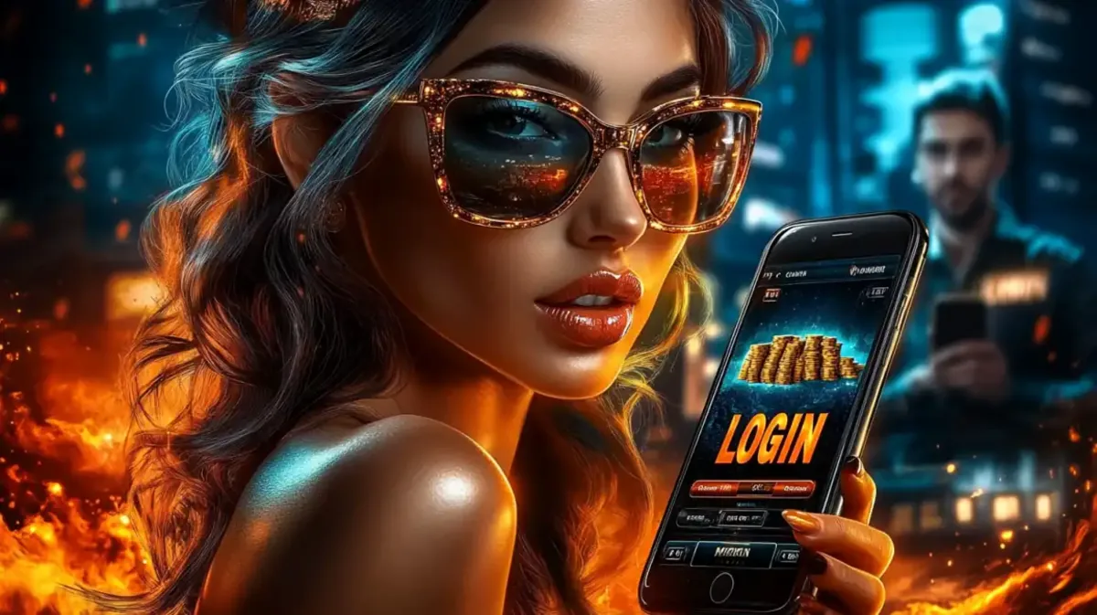 A glamorous woman wearing sunglasses holds a smartphone showing the eg333 mobile casino app login screen with a pile of gold coins, set against a fiery city skyline.