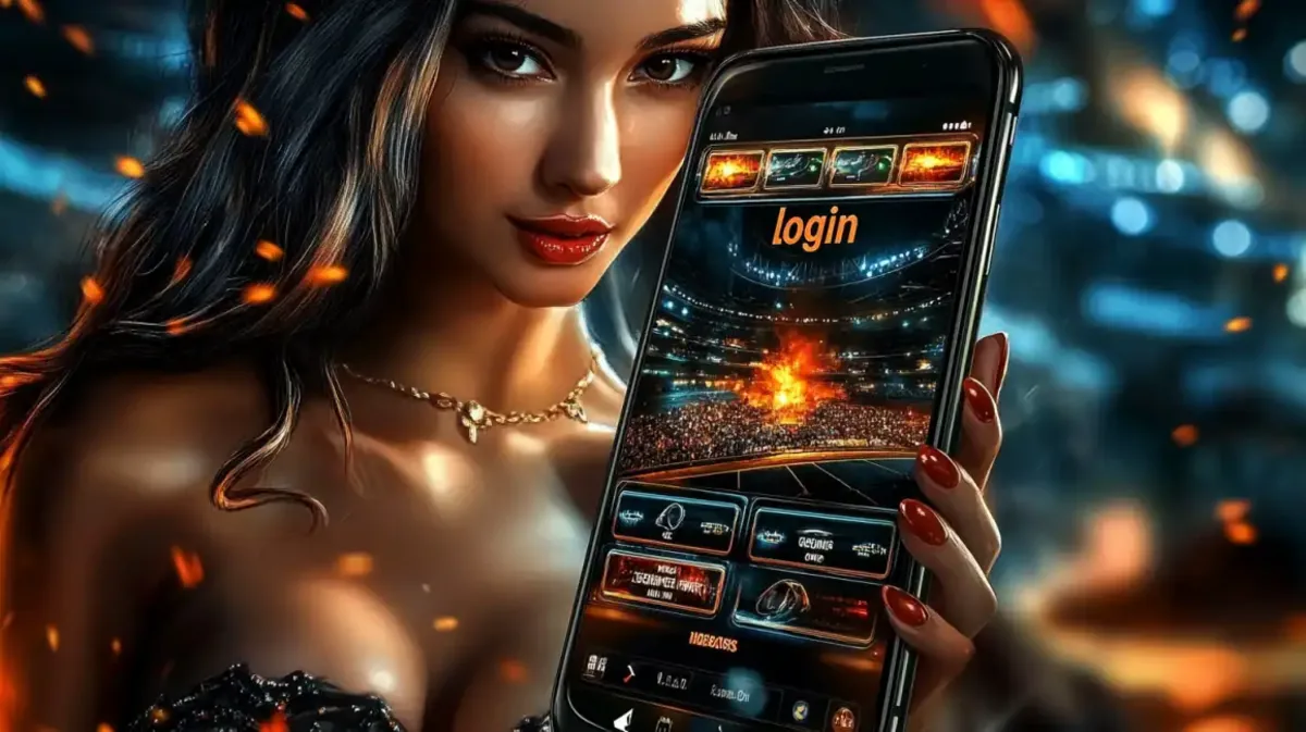 A beautiful woman with red lipstick holds a smartphone displaying the eg333 mobile game interface inside a packed sports stadium with a fiery field.