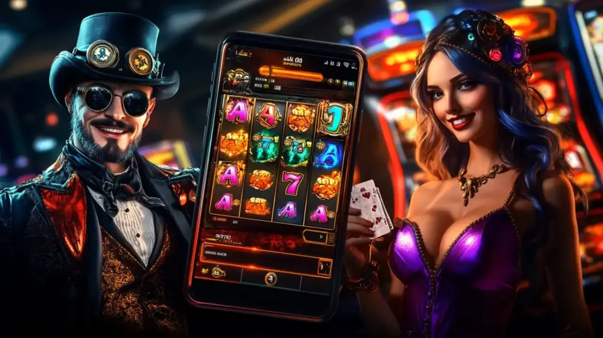 A stylish steampunk couple, a man with a top hat and a woman in a purple corset, present a mobile phone showcasing a classic slot game from the eg333 casino.