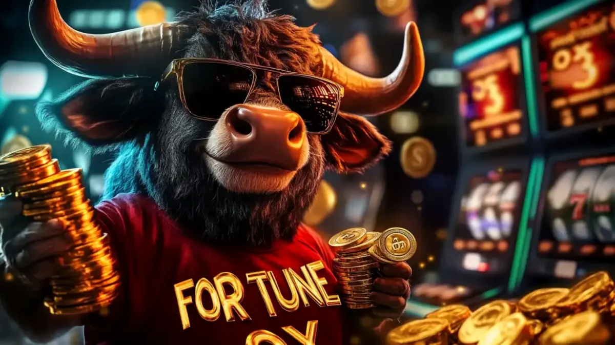 The powerful mascot of the Fortune Ox slot game from eg333, a cool bull with sunglasses, holds stacks of gold coins in a vibrant casino setting.