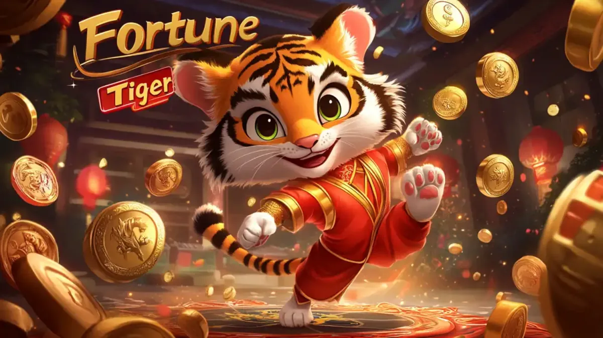 The adorable cartoon mascot from the Fortune Tiger slot game on eg333 strikes a martial arts pose amidst a shower of gold coins and lucky red lanterns.