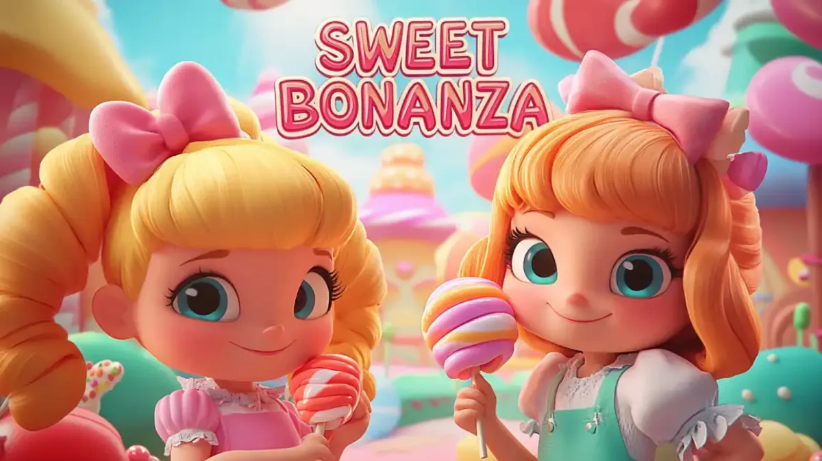 Two cute, anime-style girls with blonde and orange hair hold lollipops in a colorful candy land, representing the popular Sweet Bonanza slot game at eg333.
